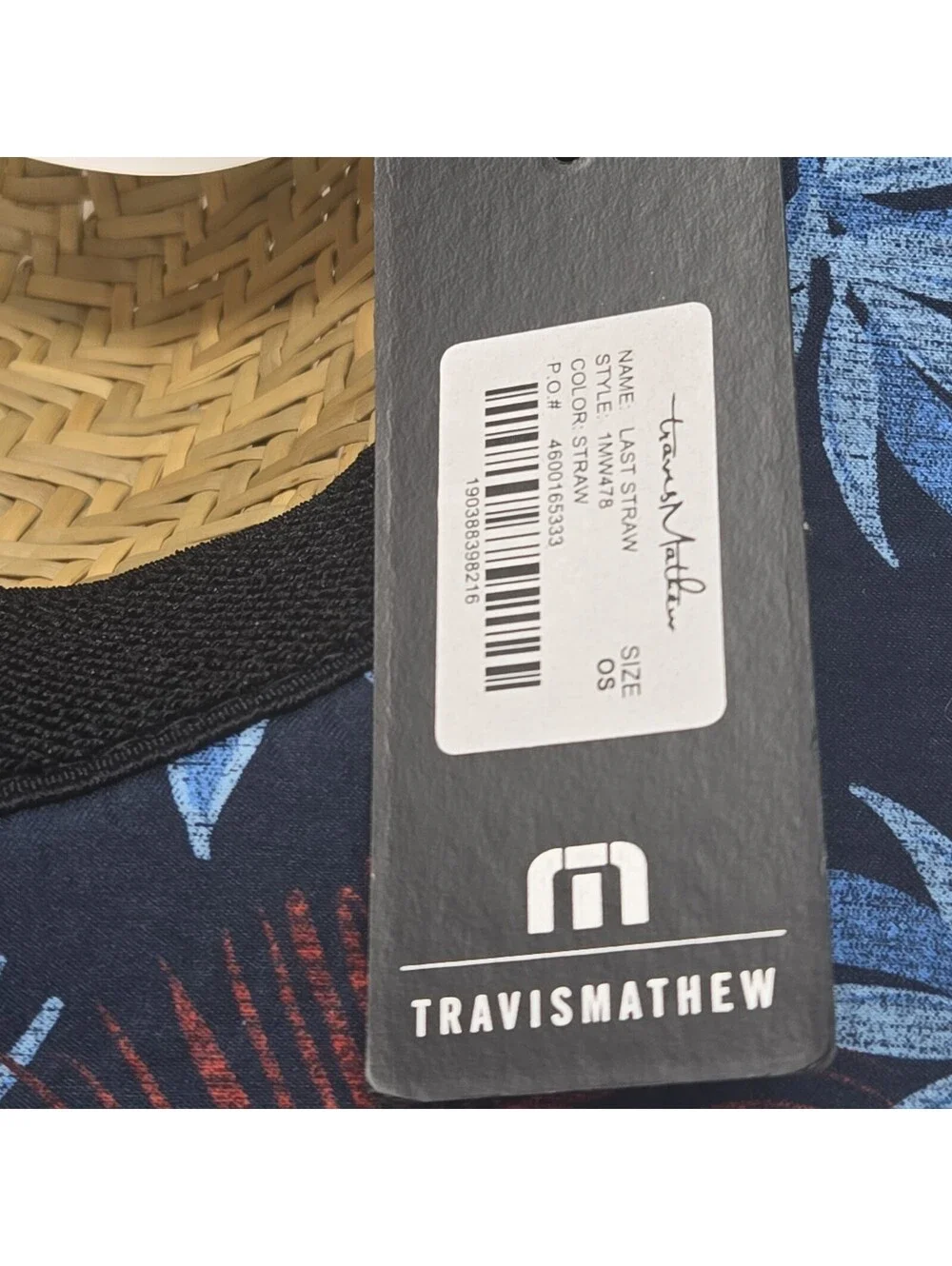 TravisMathew Straw Lifeguard Sun Hat Wide Brim Chin Strap Blue Trim New One Size